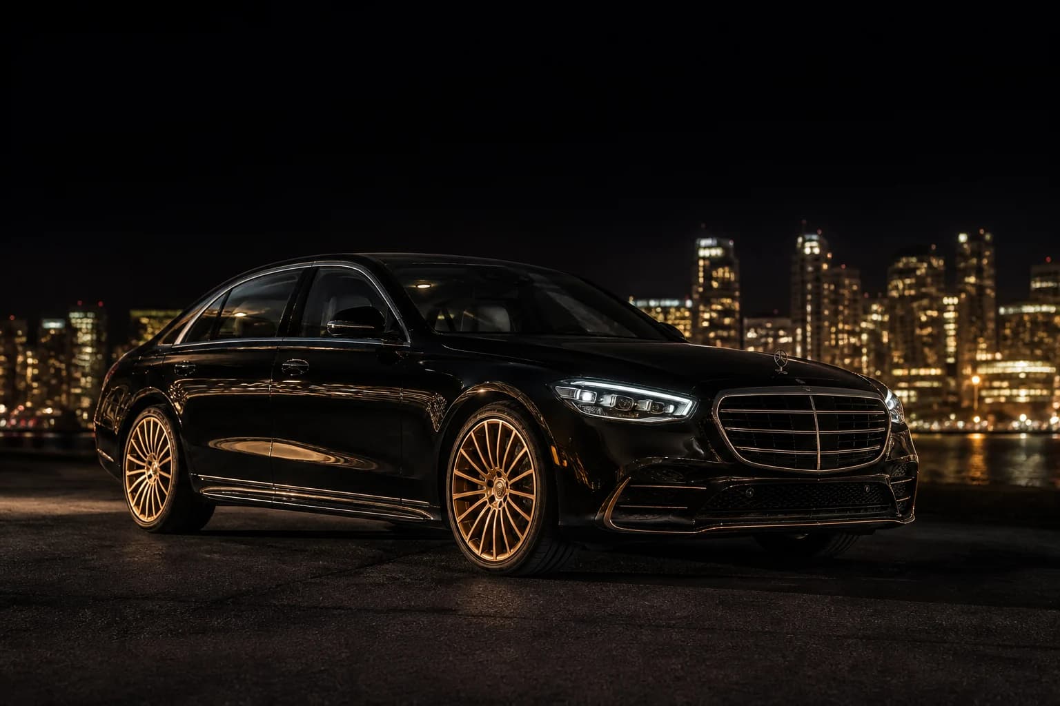 Black luxury sedan at night for URLA Car Rental